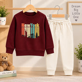 New York Burgundy Sweatshirt with off white Trouser For Kids