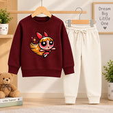 Powderpuff Burgundy Sweatshirt with off white Trouser For Kids