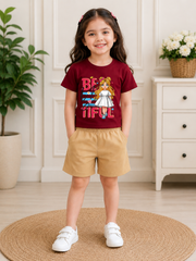 Beautiful Girl Maroon shirt with skin Short set For kids