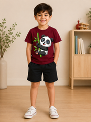 Panda Maroon shirt with Black Short set For kids
