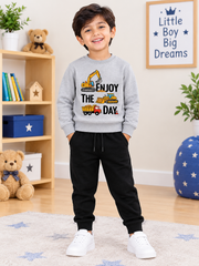 Enjoy the day Grey Sweatshirt With Black Trouser Set For Kids