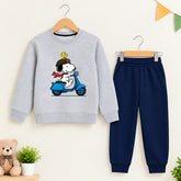 Snoopy Grey Sweatshirt With Navy Blue Trouser Set For Kids
