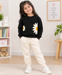 Flower Black Sweatshirt With off white Trouser Set For Kids