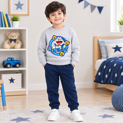Doremon Grey Sweatshirt With Navy Blue Trouser Set For Kids