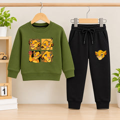 Mufasa Olive Green Sweatshirt With Black Trouser Set For Kids