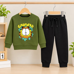 Carfield Olive Green Sweatshirt With Black Trouser Set For Kids