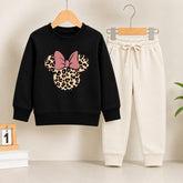 Leopard Minnie Black Sweatshirt With off white Trouser Set For Kids