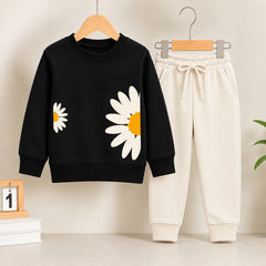 Flower Black Sweatshirt With off white Trouser Set For Kids