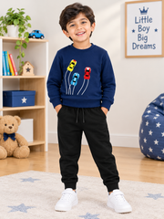Car Navy Blue Sweatshirt With Black Trouser Set For Kids