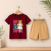 Beautiful Girl Maroon shirt with skin Short set For kids