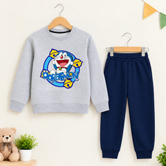 Doremon Grey Sweatshirt With Navy Blue Trouser Set For Kids