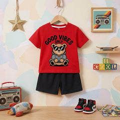 Good Vibes Bear Red shirt with Black Short Set For Kids