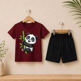 Panda Maroon shirt with Black Short set For kids