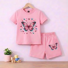 Butterfly Pink shirt with Pink Short Set For Kids