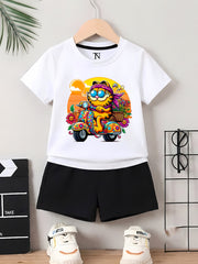 Shine Cat White shirt with Black Short Set For Kids