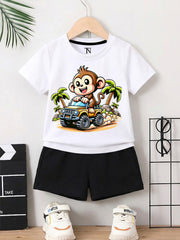 Monkey Car White shirt with Black Short Set For Kids