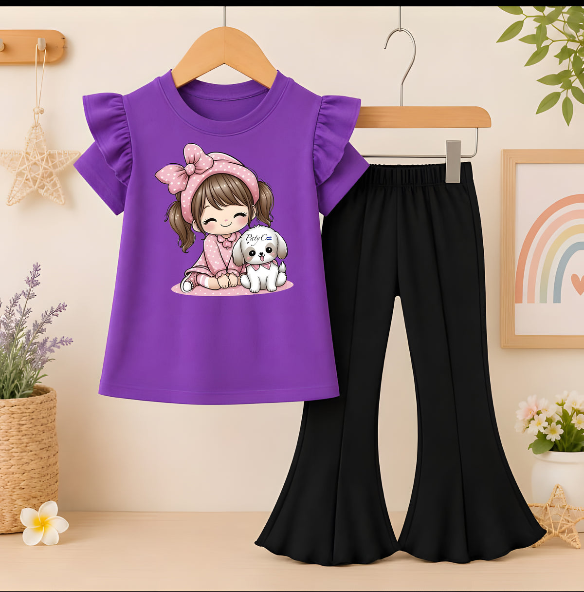 Girl and dog purple T-Shirt With Black Flyper Trouser for Kids