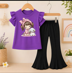 Girl and dog purple T-Shirt With Black Flyper Trouser for Kids