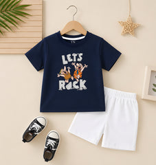 Lets Rock Navy Blue shirt with White Short Set For Kids