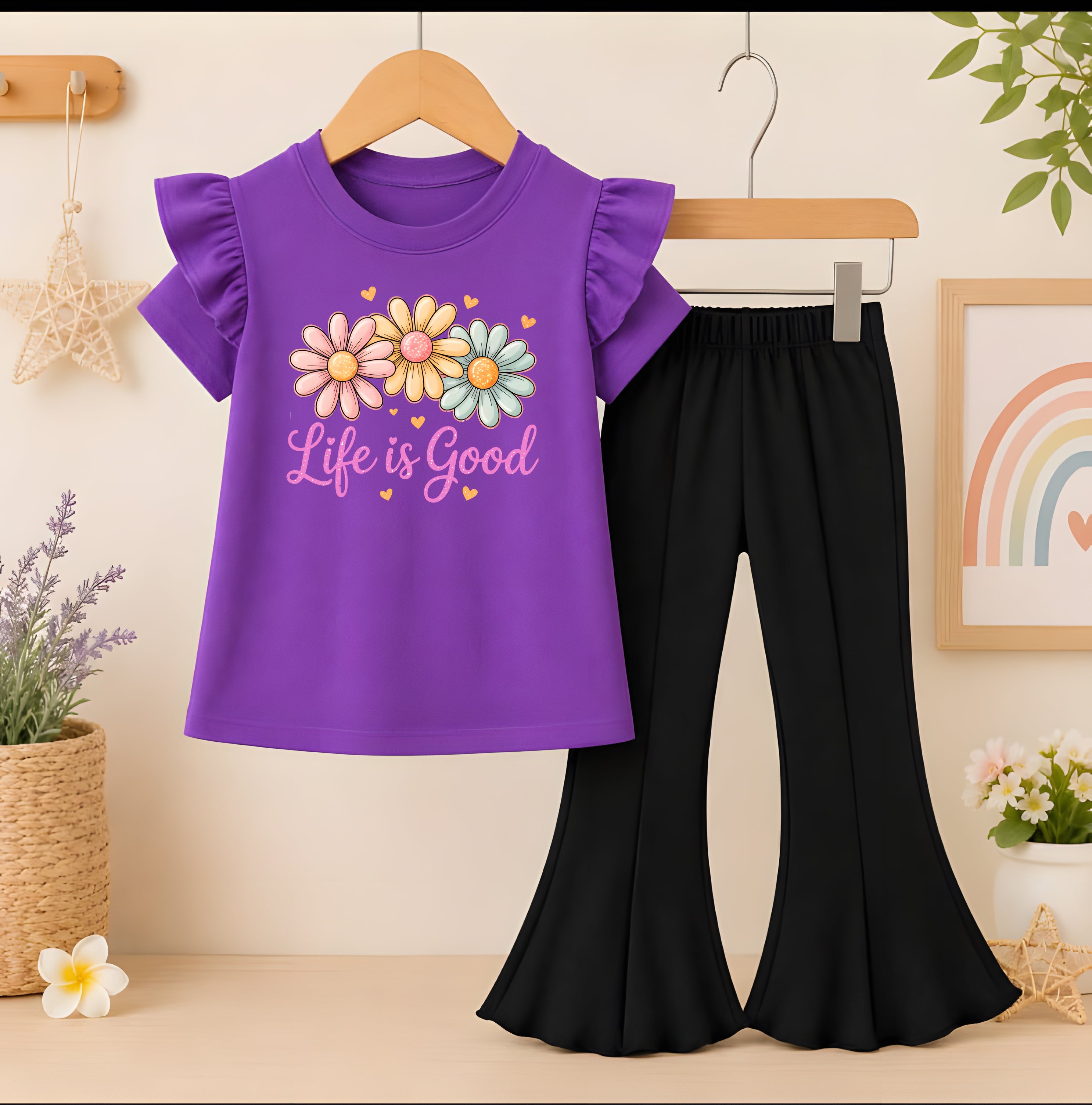 life is good purple T-Shirt With Black Flyper Trouser for Kids (Copy)