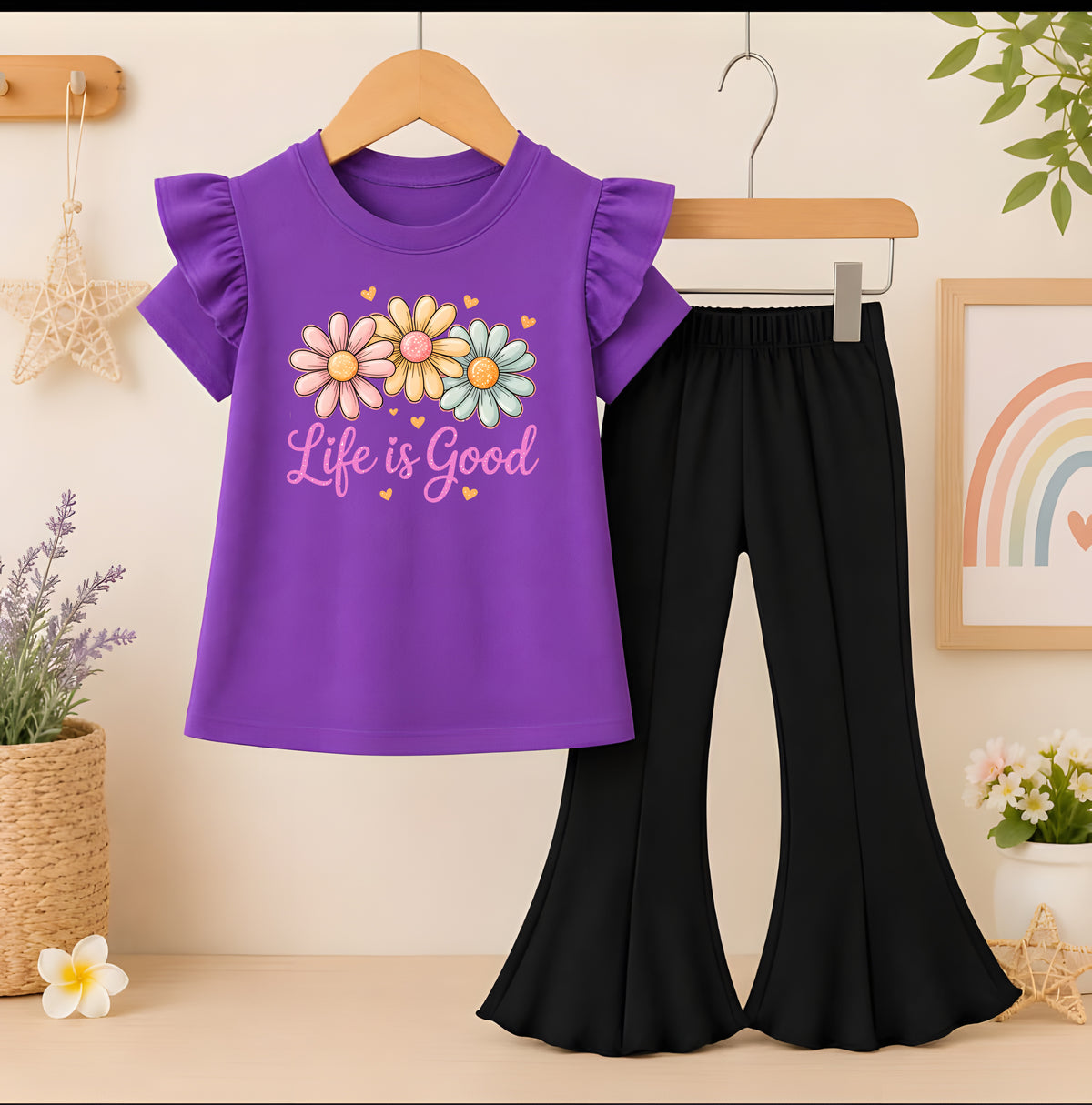 life is good purple T-Shirt With Black Flyper Trouser for Kids