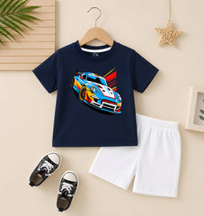 Super Car Navy  Blue shirt with White Short Set For Kids