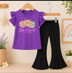 life is good purple T-Shirt With Black Flyper Trouser for Kids