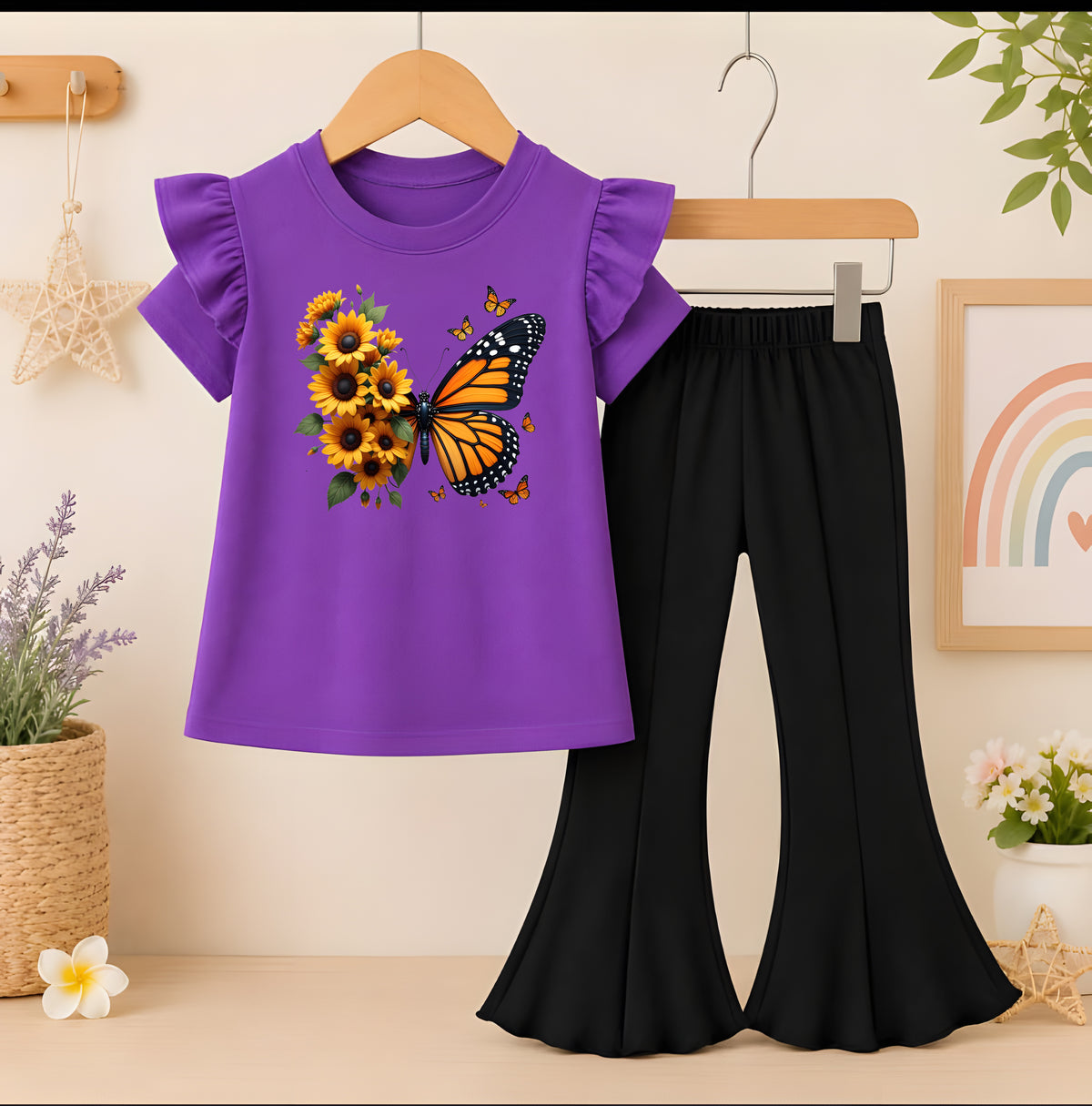 Flower butterfly purple T-Shirt With Black Flyper Trouser for Kids