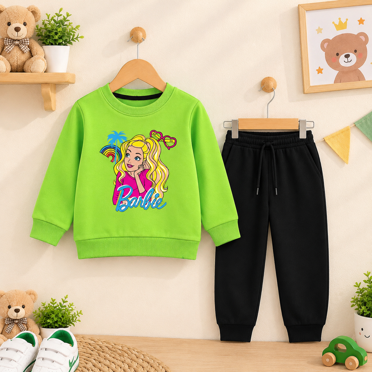 Barbie Lime Green Sweatshirt with black Trouser For Kids