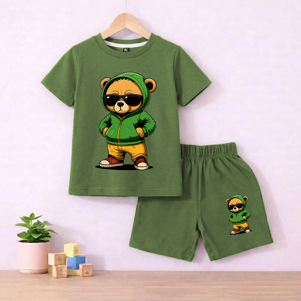 Boss Panda  Olive Green shirt with Olive green Short Set For Kids