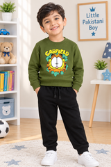 Carfield Olive Green Sweatshirt With Black Trouser Set For Kids
