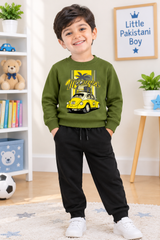 Mooneyes Olive Green Sweatshirt With Black Trouser Set For Kids