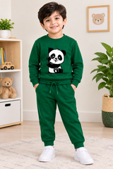 Black Panda Green Sweatshirt With green Trouser Set For Kids