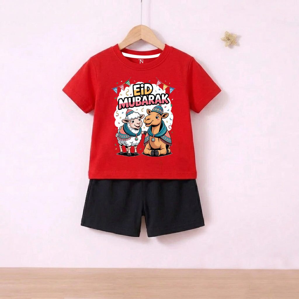 Cute Red Eid ul Adha Kids Summer Set – Lamb Print T-Shirt with Shorts