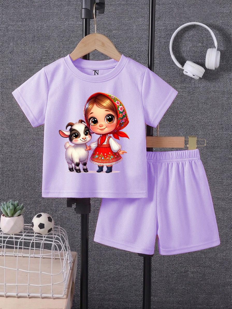 Cute Light Purple Eid ul Adha Kids Summer Set – Lamb Print T-Shirt with Shorts