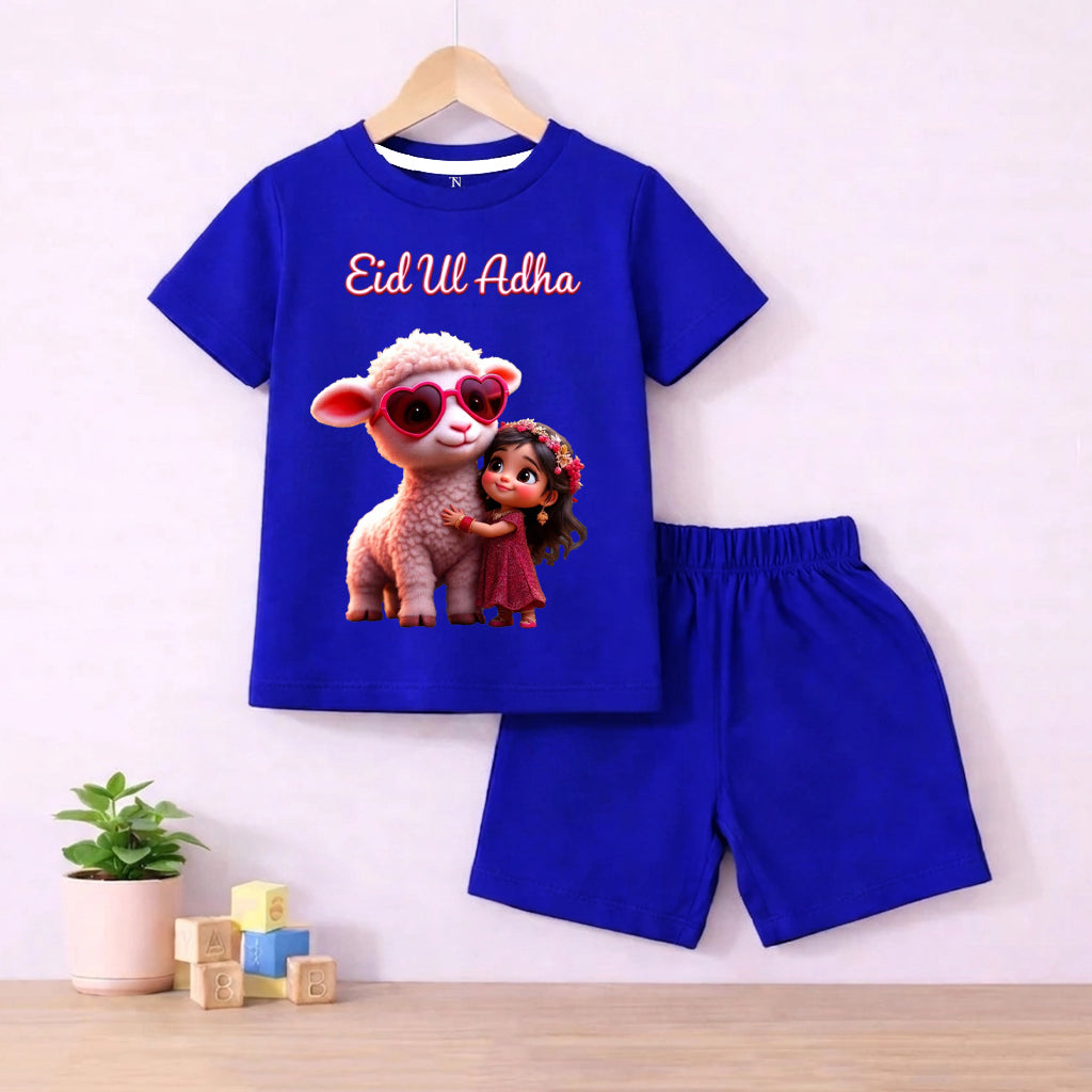 Cute Royal Blue Eid ul Adha Kids Summer Set – Lamb Print T-Shirt with Shorts