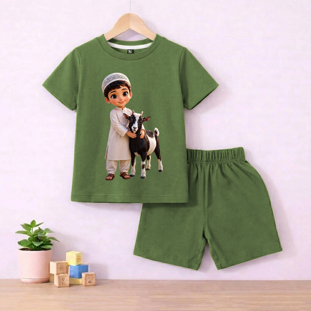 Cute Olive Eid ul Adha Kids Summer Set – Lamb Print T-Shirt with Shorts