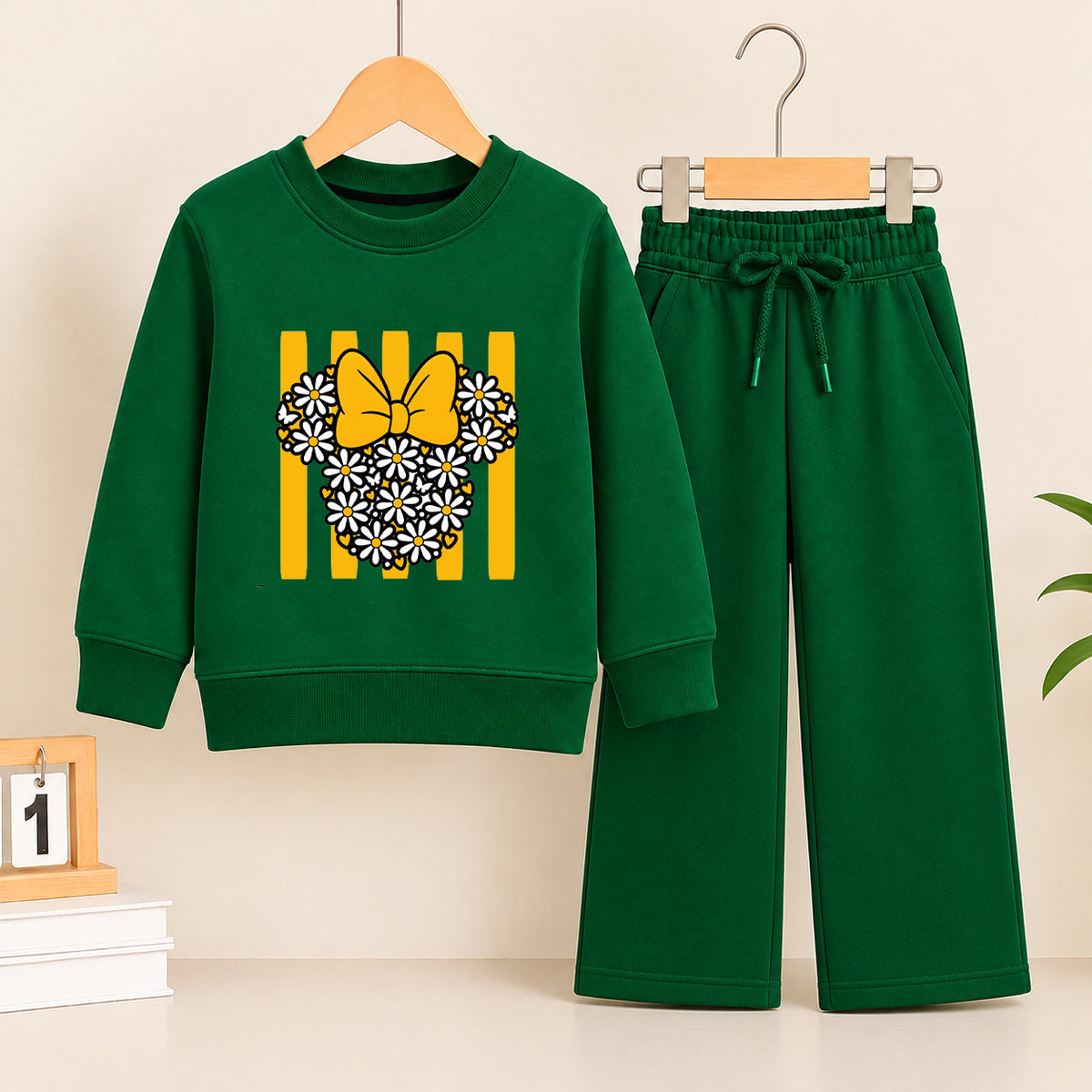 Minnie Flower Green Sweatshirt With green Trouser Set For Kids