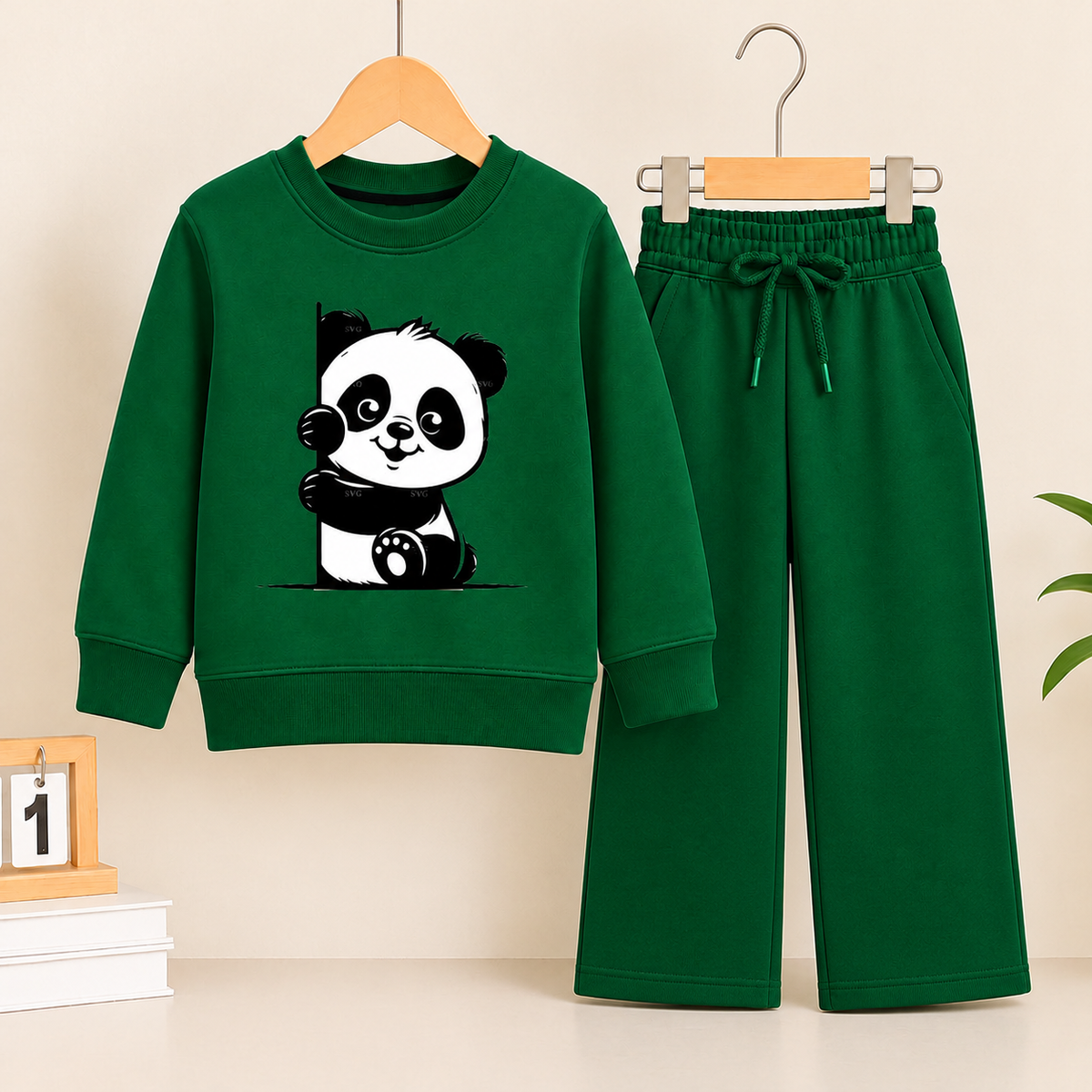 Black Panda Green Sweatshirt With green Trouser Set For Kids