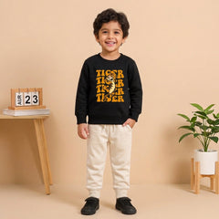 Tiger Black Sweatshirt With off white Trouser Set For Kids