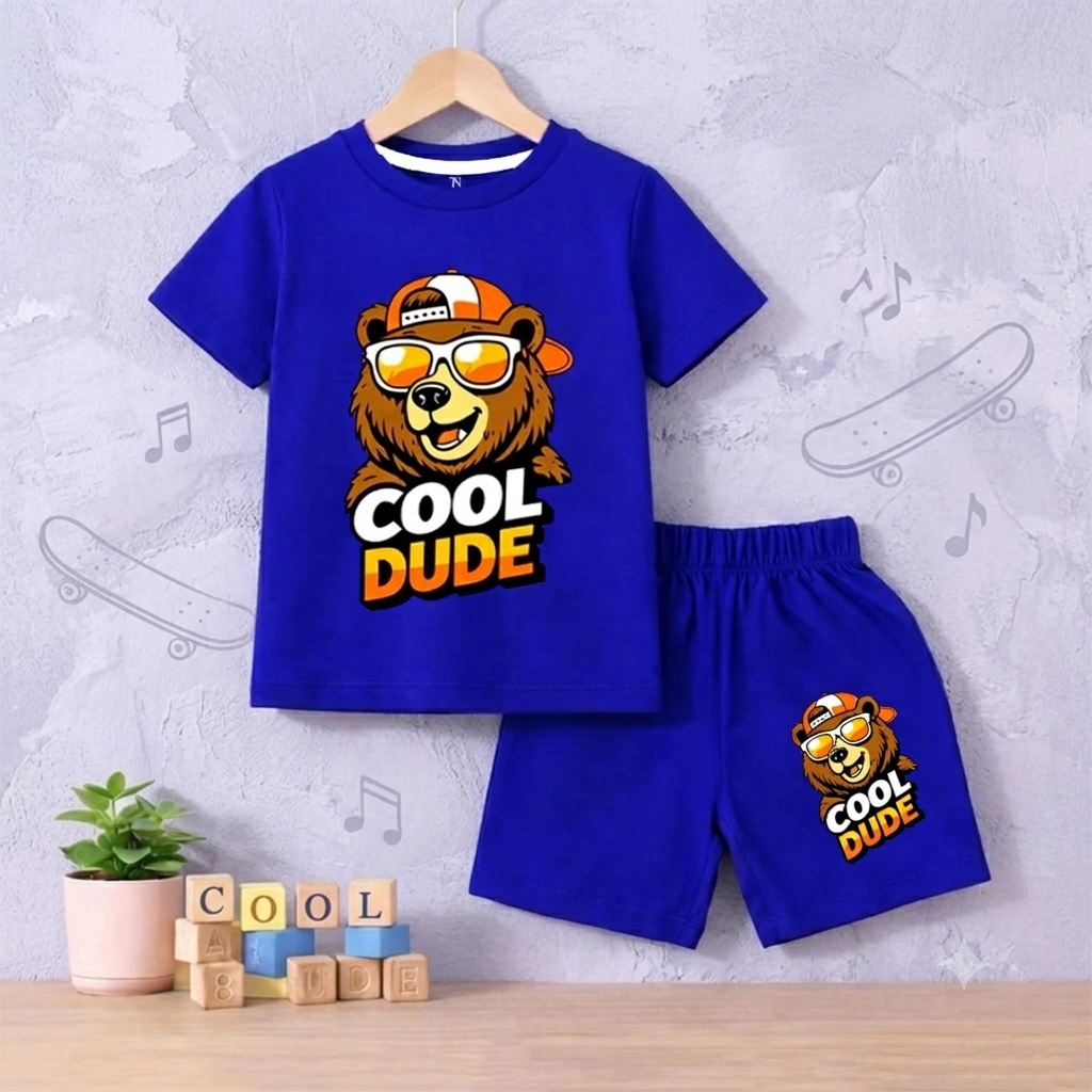 Cool Dude Bear shirt with Royal Blue Short set For kids