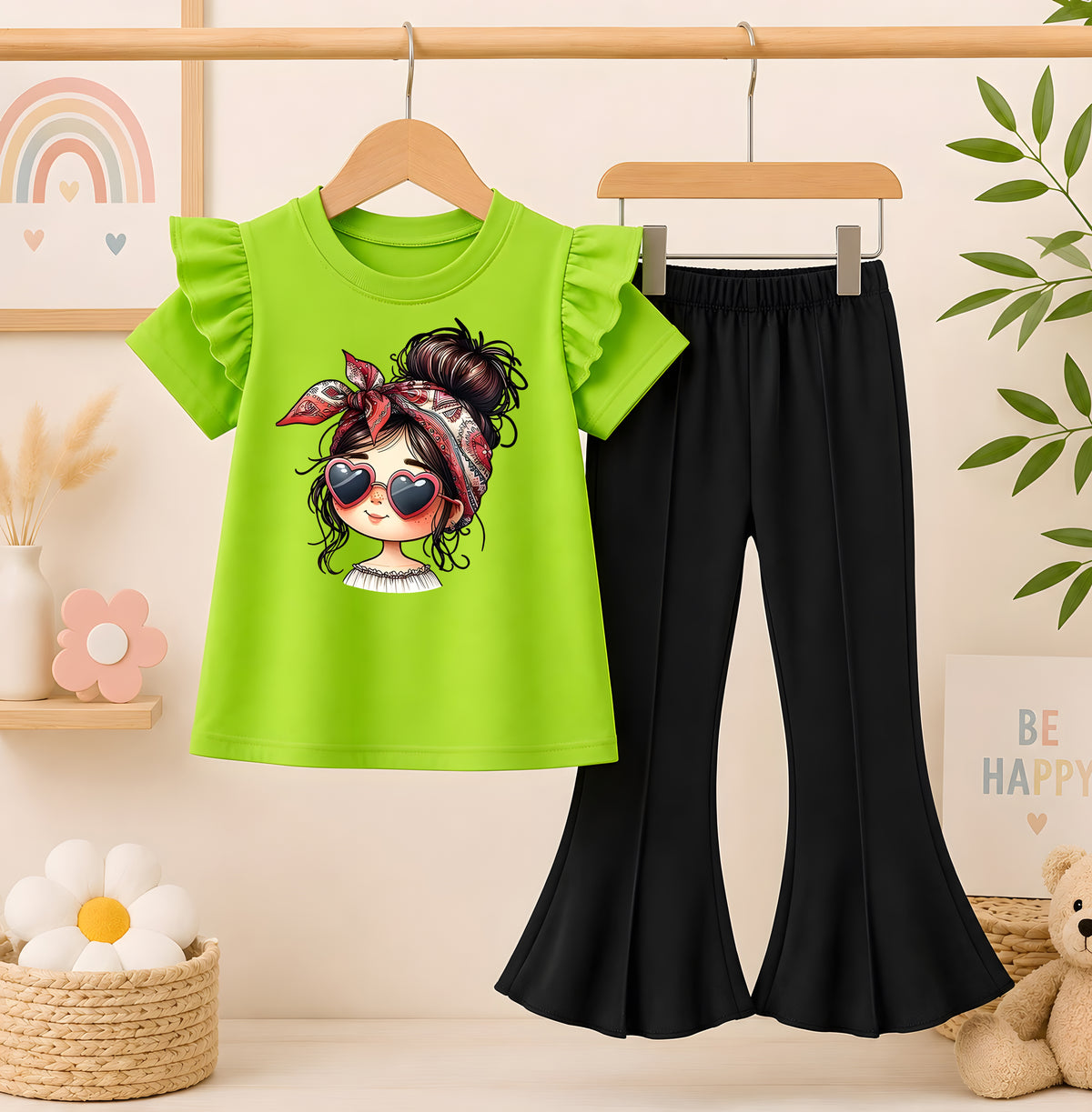 Genz Girl Parrot T-Shirt With Black Flyper Trouser for Kids