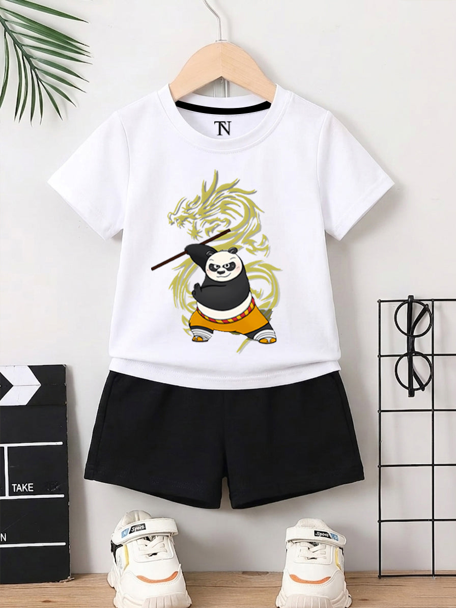 Kunfo Panda White shirt with Black Short Set For Kids
