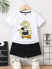 Kunfo Panda White shirt with Black Short Set For Kids