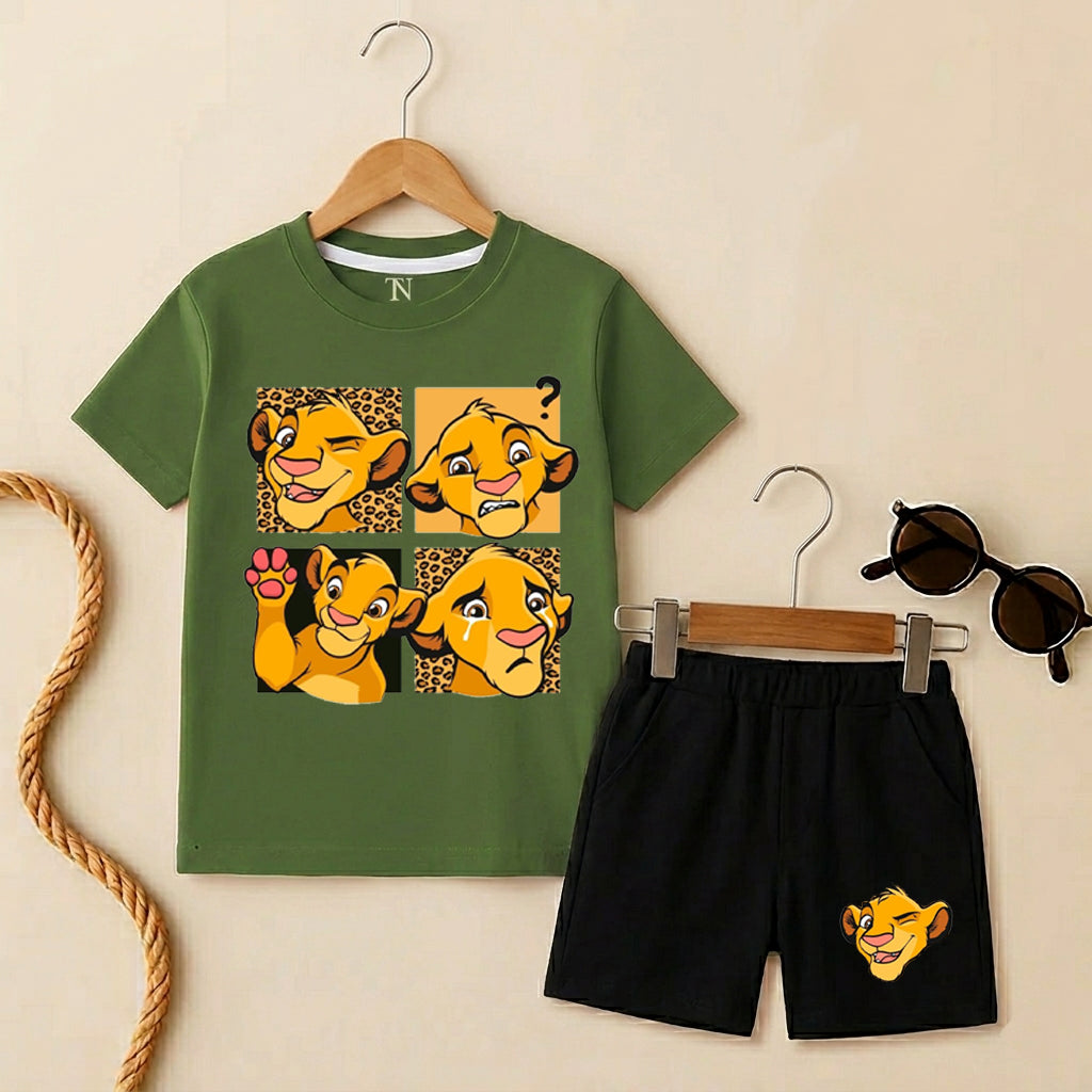 Mufasa Lion Olive Shirt with Black Short Set For Kids