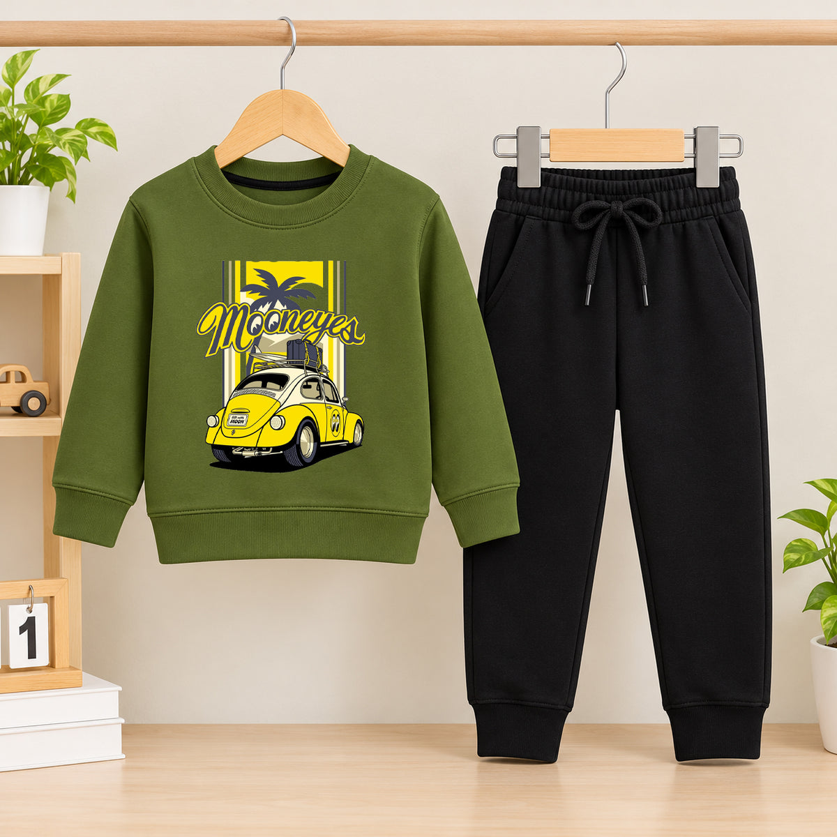 Mooneyes Olive Green Sweatshirt With Black Trouser Set For Kids