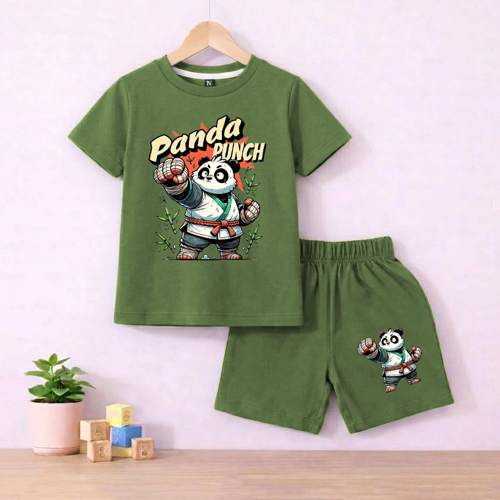 Panda Punch Olive Green shirt with Olive green Short Set For Kids