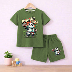 Panda Punch Olive Green shirt with Olive green Short Set For Kids