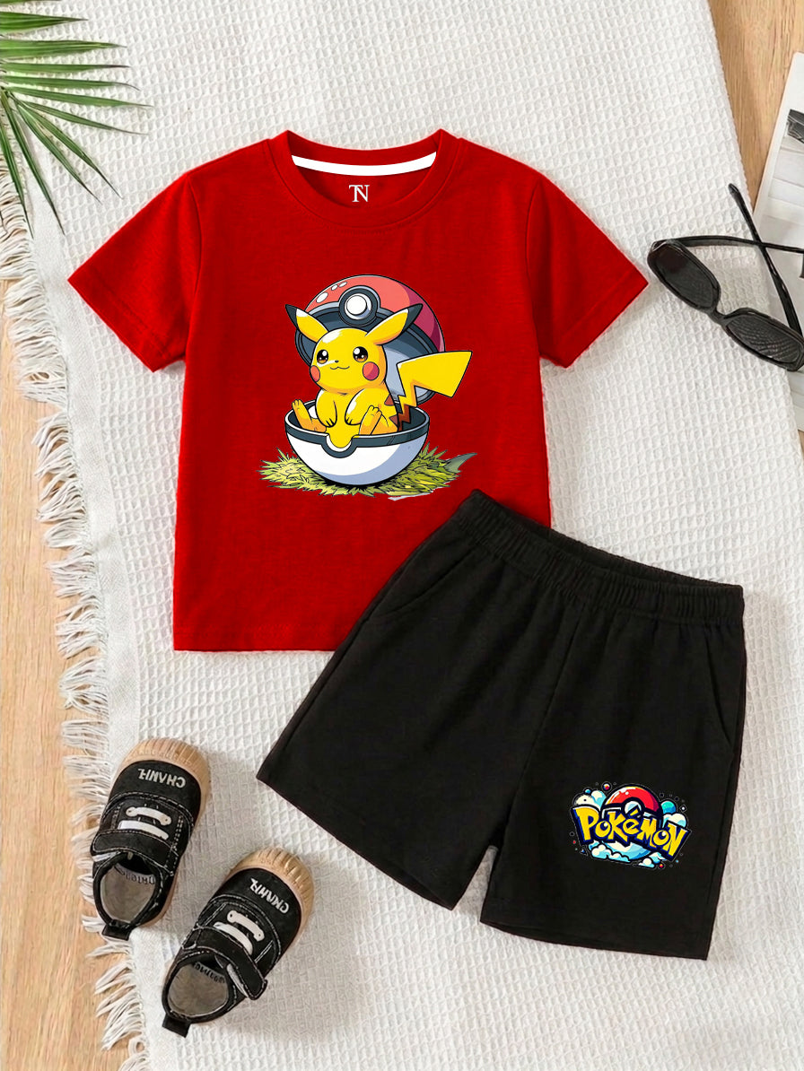 Pokemon Red shirt with Black Short Set For Kids