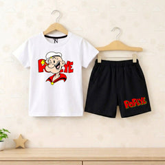 Popeye White shirt with Black Short Set For Kids